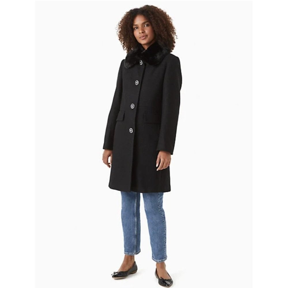 $699 Kate Spade Peacoat Coat Jewel Button Fur Collar Wool Black Sz 2 NEW